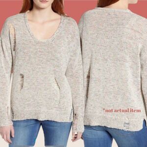 🌈 CASLON DISTRESSED SWEATER CREAM WITH RAINBOW DETAILS MARLED KNIT SIZE MEDIUM